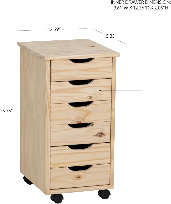 Linon Corinne Unfinished Six Drawer Wooden Rolling Storage Cart - Image 3