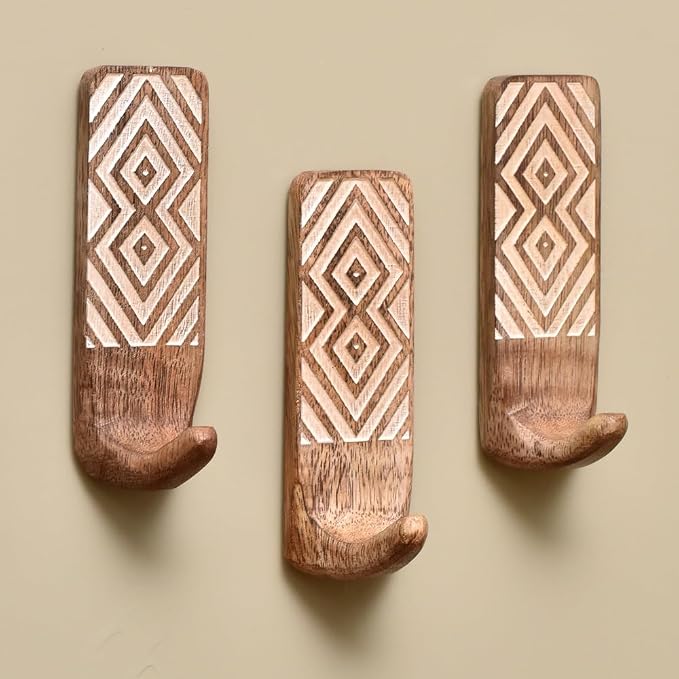 Indian Shelf 3 Boho Wood Adhesive Wall Hooks Peel Stick by IndianShelf