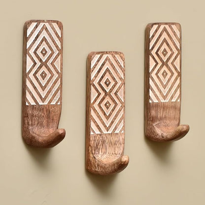 Indian Shelf 3 Boho Wood Adhesive Wall Hooks Peel Stick by IndianShelf