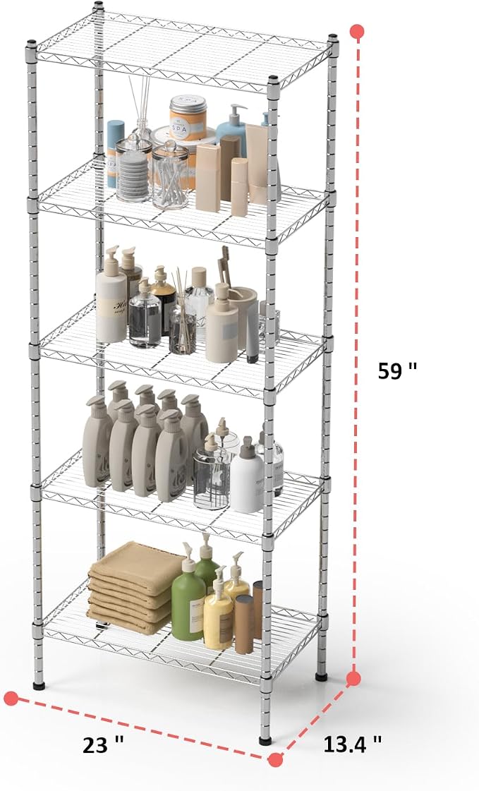 5 Tier Shelving Unit, 176 LBS Per Shelf Height Adjustable Narrow Storage Shelves - Image 3