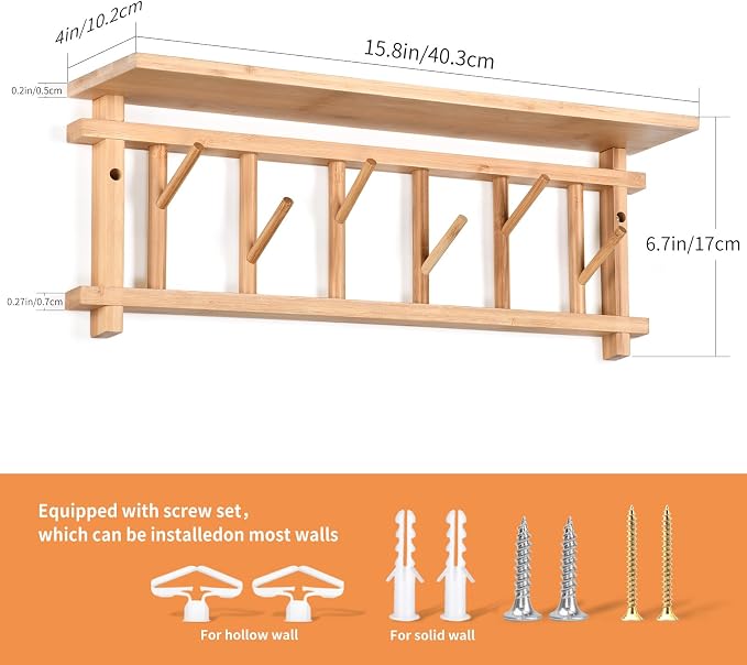 Coat Rack Wall-Mounted with Shelf Coat Hooks Wall Mount with Shelf Entryway - Image 6