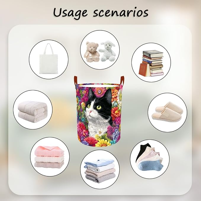 Laundry Baskets 15.7x19.7 Inch Large Cat Floral Garden Design Collapsible - Image 4