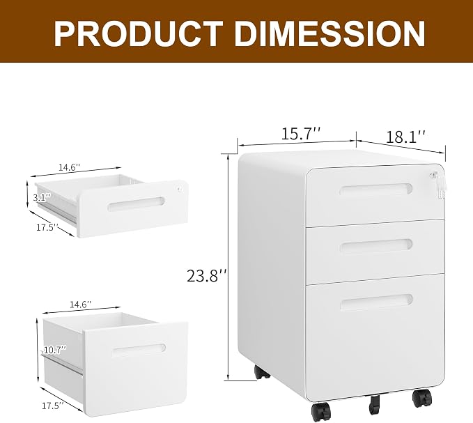 3 Drawer File Cabinet with Lock and 4 Keys, Mobile Metal Filing Cabinet - Image 3