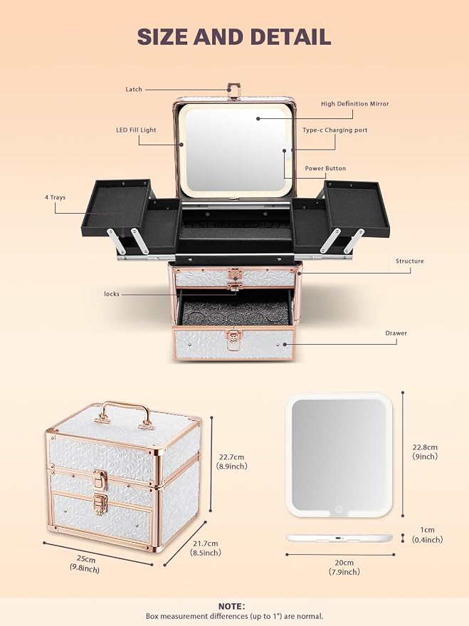 Qislee Makeup Box with Drawer and Four Trays, A Detachable Lighted Mirror - Image 3