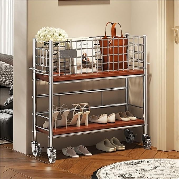 Slim Storage Cart with Wheels, 2 Tier Rolling Cart with Solid Wood Open Shelf - Image 7