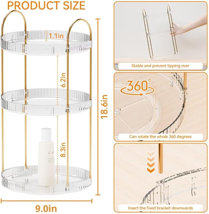360° Rotating Makeup Organizer, Large Capacity 3 Tier Perfume Skincare Clear - Image 3