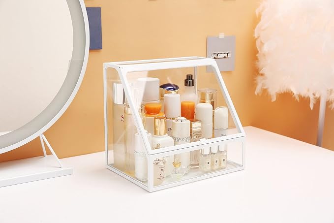 MOOCHI White Vintage Glass Cosmetic Makeup Organizer 3 Drawers Set Dust - Image 8
