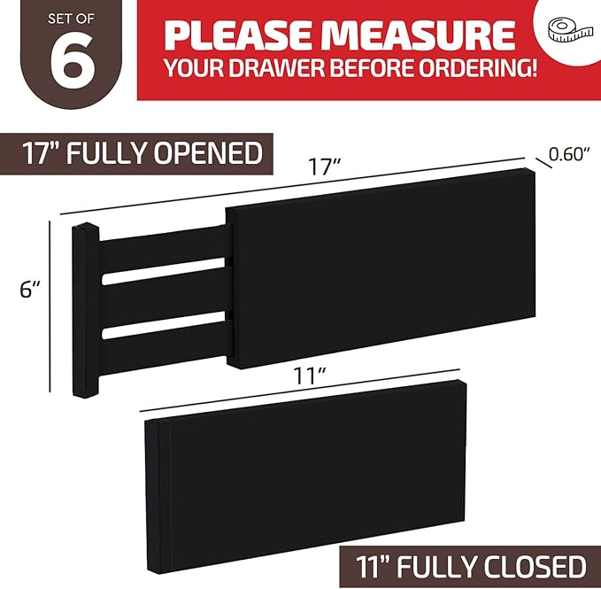 6 Pack Drawer Dividers 6 Inch High, 11”-17" Adjustable Bamboo Organizers Large - Image 7