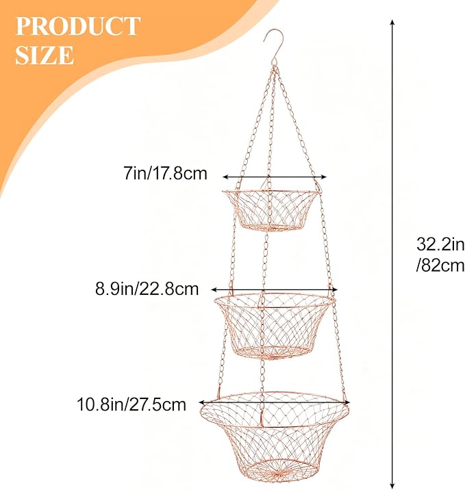 2PCS 3 Tier Hanging Fruit Basket Wire Kitchen Storage Organizer | Rose Gold - Image 2