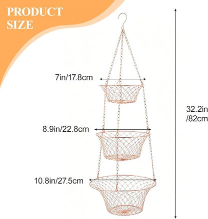2PCS 3 Tier Hanging Fruit Basket Wire Kitchen Storage Organizer | Rose Gold - Image 2