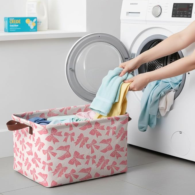 Pink Bow Storage Basket Waterproof Canvas Toy Storage Bin Bow Room Decor - Image 6
