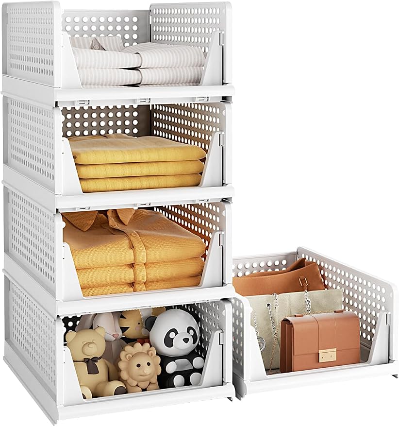 5 Pack Closet Organizer System, Stackable Plastic Clothes Storage Basket by Keepyourbelovedorganized