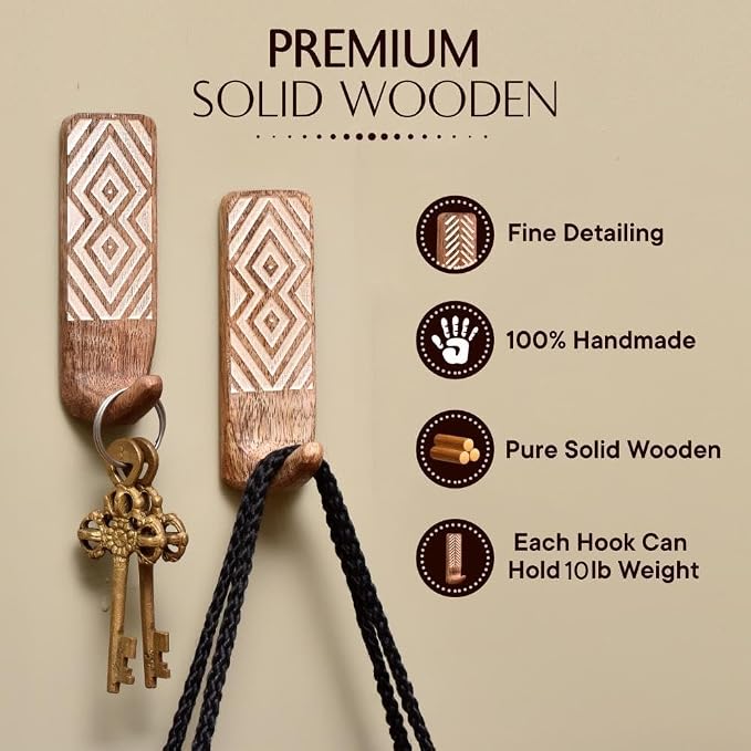 IndianShelf 10 LB- 12 Pieces Decorative Wood Adhesive Wall Hooks–Boho Peel and - Image 4