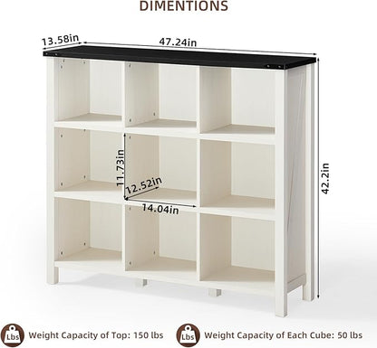 9 Cube Bookcase, Farmhouse 47 Inch Wide White Bookshelf, Wooden 3 Tier Display - Image 3