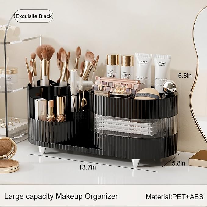 Rotating Vanity Organizer with Brush Holder and Drawer, 3 Layer Cosmetic - Image 4
