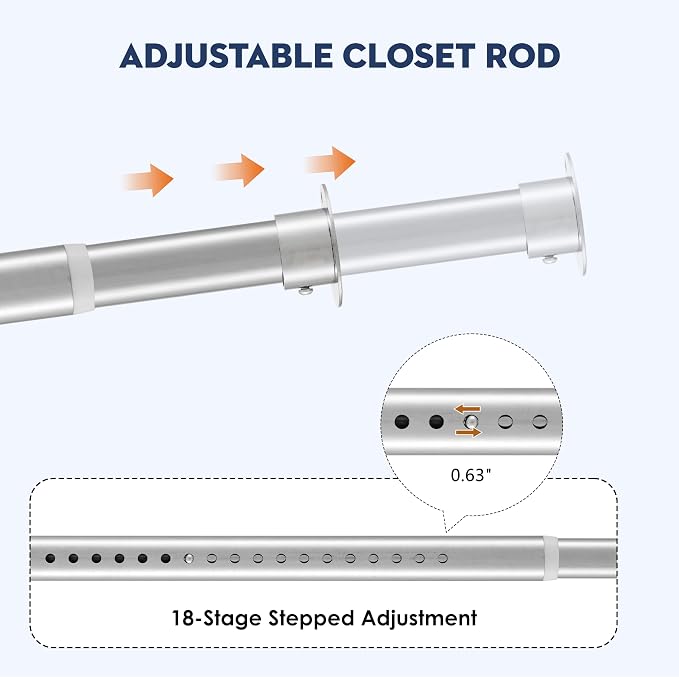 Heavy Duty Closet Rod, Adjustable 17-100 in, 1.3" Diameter | Silver, Suitable - Image 2