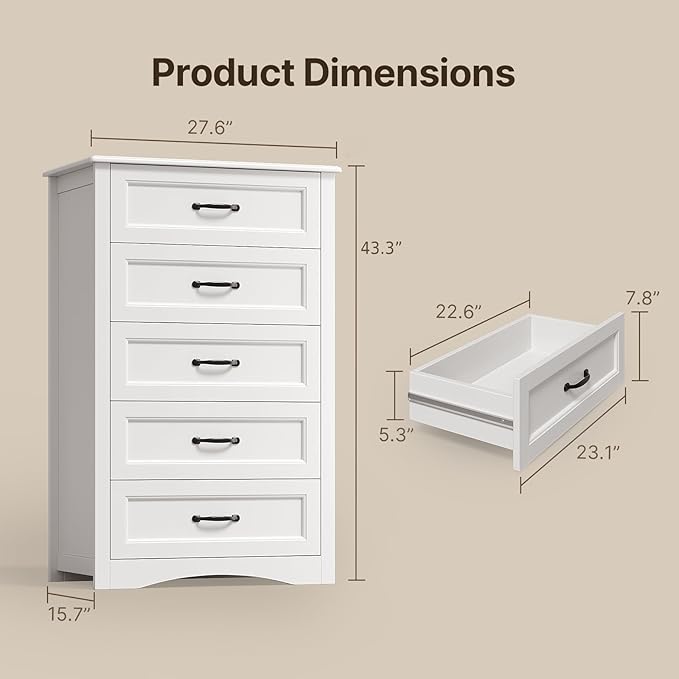Gizoon 5 Drawer Dresser, 43.3" Large Capacity Storage Cabinet - Image 2