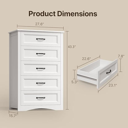 Gizoon 5 Drawer Dresser, 43.3" Large Capacity Storage Cabinet - Image 2