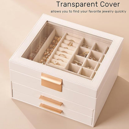 Jewelry Box Organizer with Glass Lid, 3-Layer Jewelry Storage, with 2 Drawers - Image 3