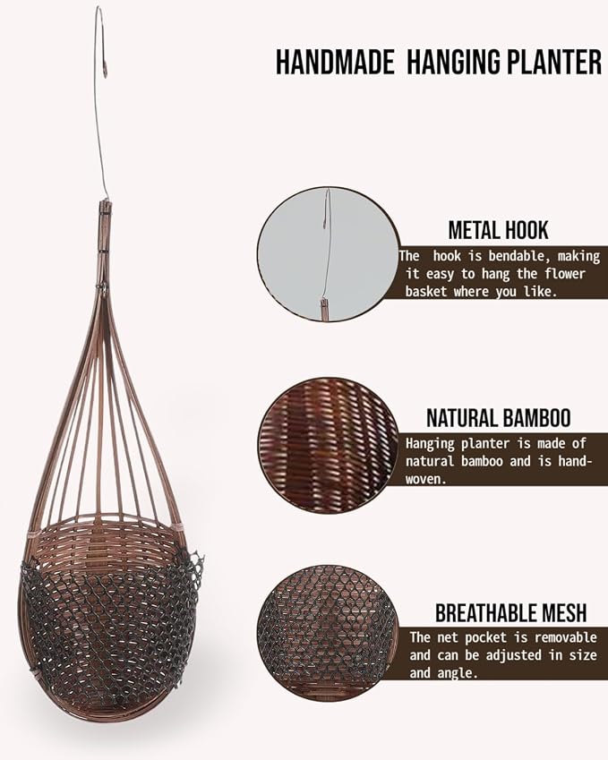 3 Pcs Hanging Orchid Planter: 4 Inch Handmade Bamboo Wall Plant Pot - Image 4