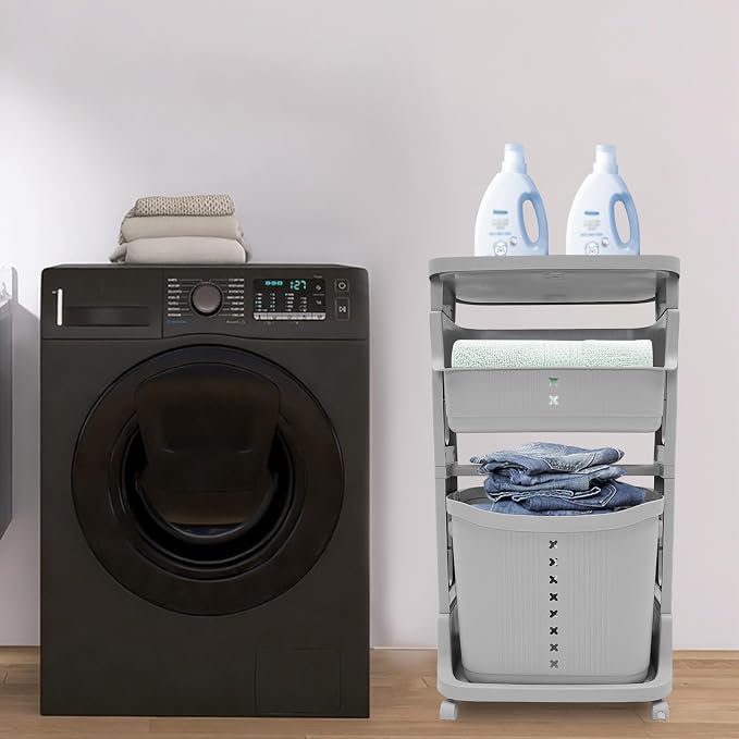3-Layer Laundry Basket, Portable Washing Storage Clothes Hamper w/Wheels - Image 3