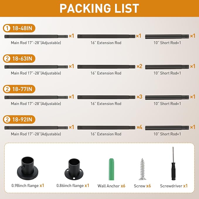 Black Adjustable Closet Rod 18-48 Inches, Heavy Duty Metal Clothes Hanging Rod - Image 9
