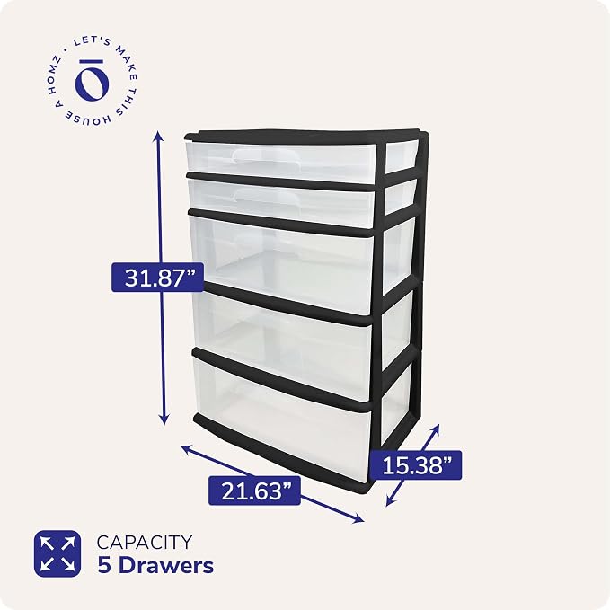 HOMZ Plastic 5 Drawer Wide Storage Tower - Image 2