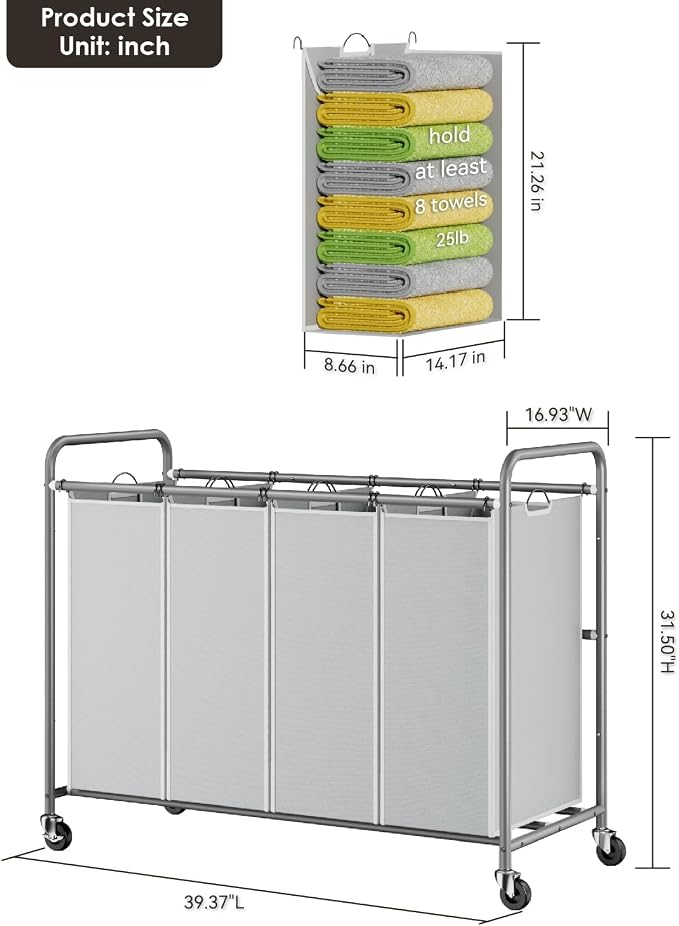 ROMOON Laundry Sorter 4 Section and 3 Section, Separated Laundry Hamper Cart - Image 9