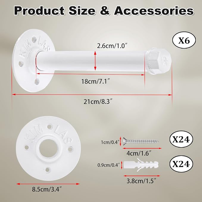 BTSKY 6 Pack Clothes Rack with Screws, 8 Inch Metal Industrial Pipe Clothes Bars - Image 3