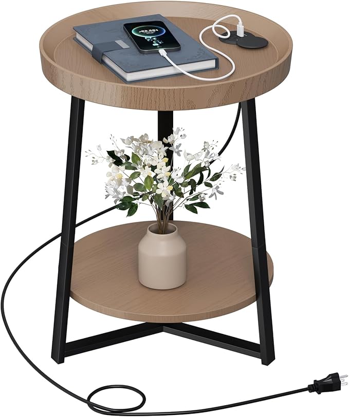 Gadroad Round End Table with Charging Station, USB Ports, Wood Tabletop & Black by Gadroad