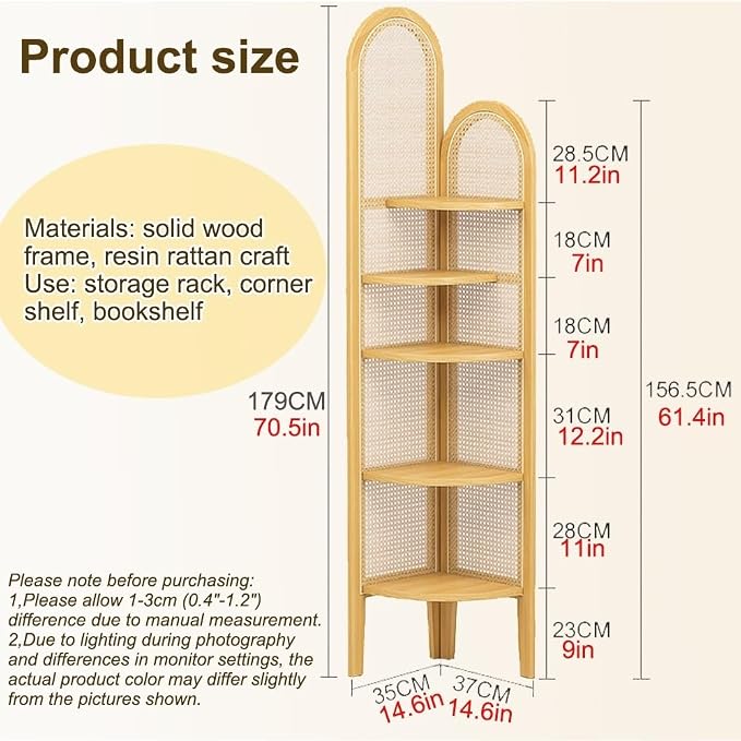5-Tier Corner Shelf Bookcase, Fan-Shaped Corner Shelf Unit, Wood Frame & Resin - Image 3