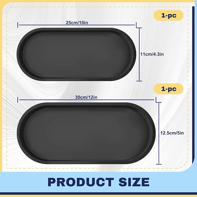 2 Pieces Silicone Shatterproof Bathroom Vanity Tray, 9.8" & 11.8" Oval Black - Image 2