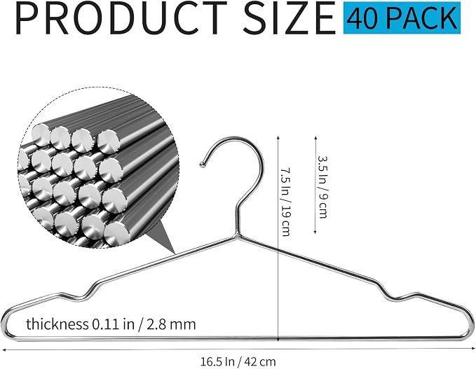 40 Pack Metal Wire Coat Hangers, 16.5 Inch Heavy Duty Stainless Steel Clothes - Image 2