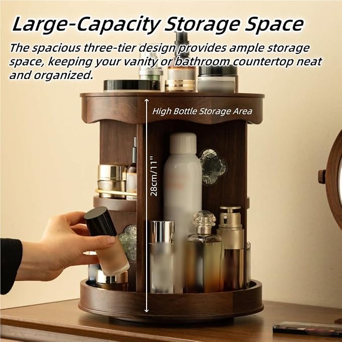 Retro 360° Rotating Makeup Organizer, 3-Tier Wooden Countertop Makeup Storage - Image 4