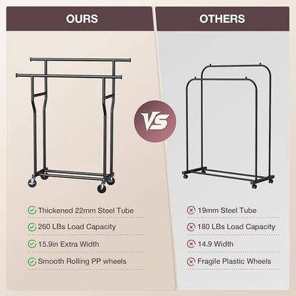 Clothes Rack, Double Rods Rolling Clothing Rack - Image 7