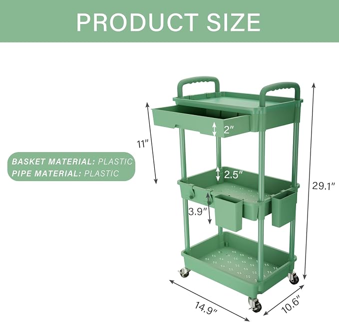 REBECAT 3 Tier Rolling Utility Cart - Image 2