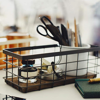 TIEYIPIN Small Metal Wire Storage Basket, Detachable Wood Base Storage - Image 3
