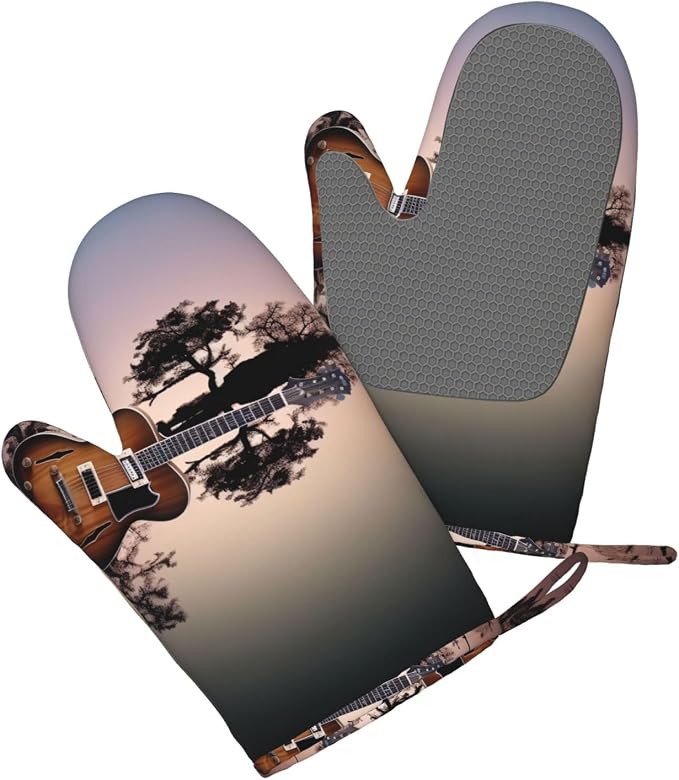 Reflection Guitar Print Oven Mitts Set of 2, Heat Resistant Silicone Oven - Image 3
