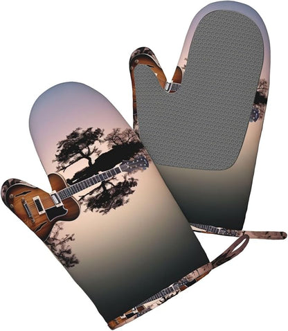 Reflection Guitar Print Oven Mitts Set of 2, Heat Resistant Silicone Oven - Image 3