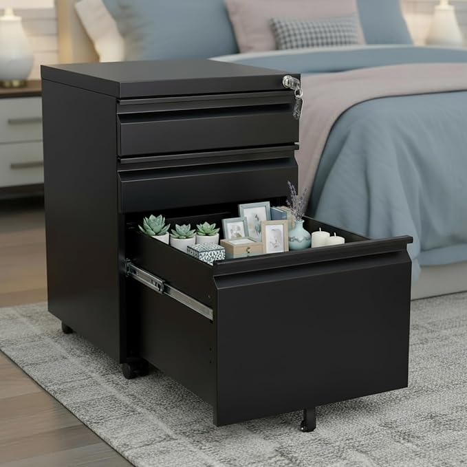 Black Metal 3-Drawer Mobile File Cabinet by FEBORY