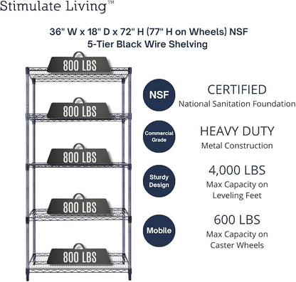 36"x18"x72" Prime Heavy Duty Black 5-Tier Wire Shelving NSF 4000 LBS MAX - Image 3