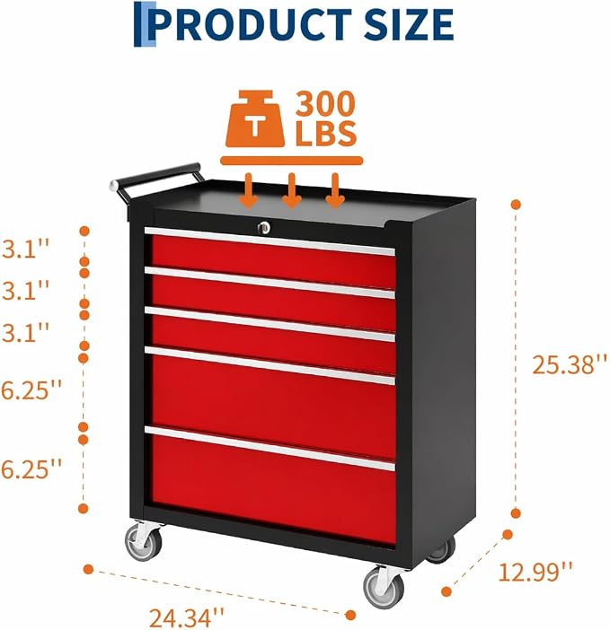 Garvee Rolling Tool Chest, 5 Drawers Tool Storage Cabinet, Toolbox - Image 3