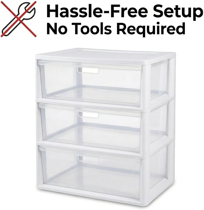 Wide 3-Drawer Plastic Storage Tower Organizer, 25.25" High, Drawer Stops & - Image 8
