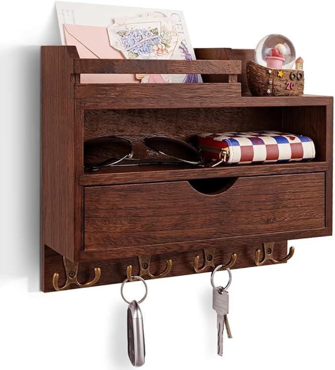 Key and Mail Holder for Wall, Wooden Key and Mail Organizer by VEAPIZ