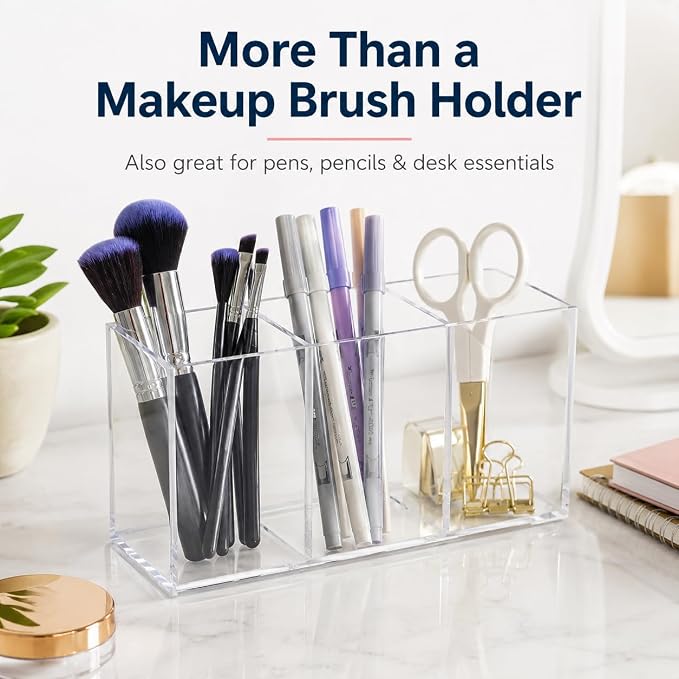 Tofficu Acrylic Makeup Brush Holder, 3 Compartment Clear Cosmetic Organizer - Image 7