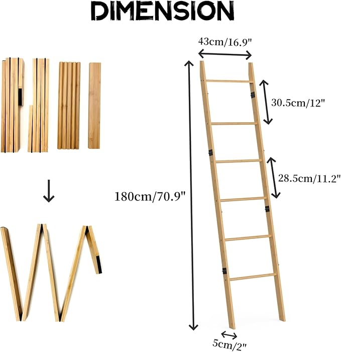 BAMBANG 6-Tier Blanket Ladder for Living Room, Blanket Quilt Ladder Rack Rustic - Image 3