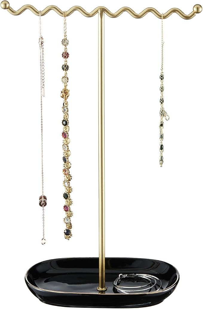 Elegant Jewelry Holder Stand: Metal Tree & Ceramic Tray Organizer by Saydear