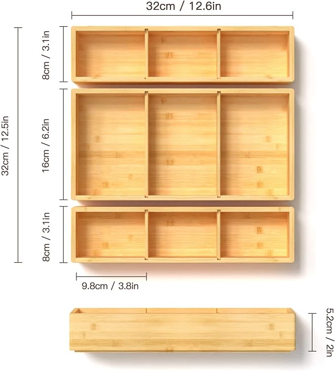 DUJEN Bamboo Drawer Organizer 12.5'' X 12.5'' X 2'', Adjustable 3 Individual - Image 2