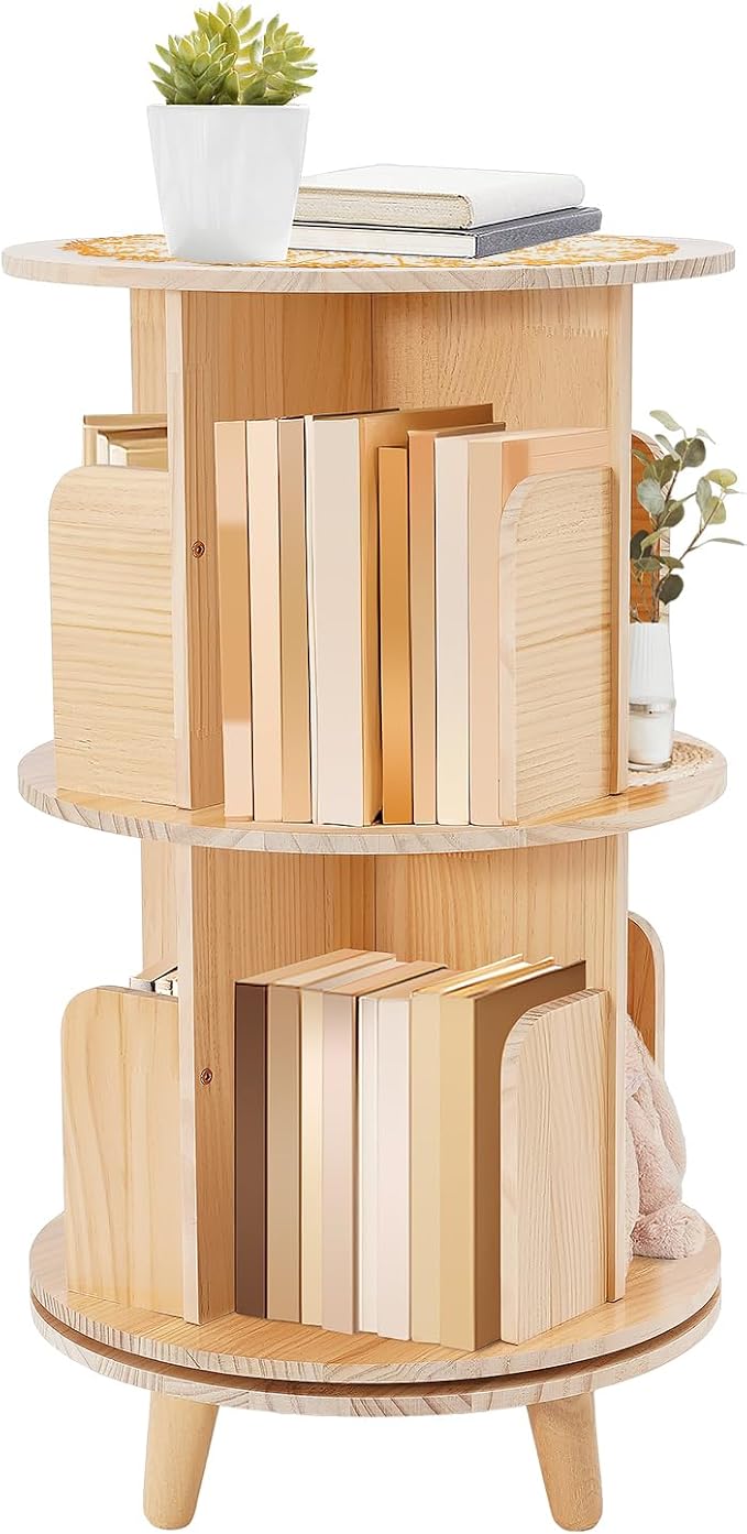 2 Tier Rotating Bookshelf with Legs, Small Corner Bookshelf Floor Standing by HAPPCUCOE