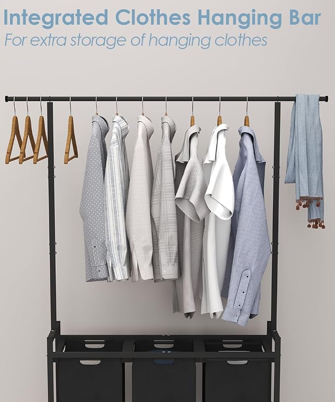 Large Laundry Hamper with Clothes Rack Hanging Bar, 10 x 3 Gal Pull-Out & - Image 2